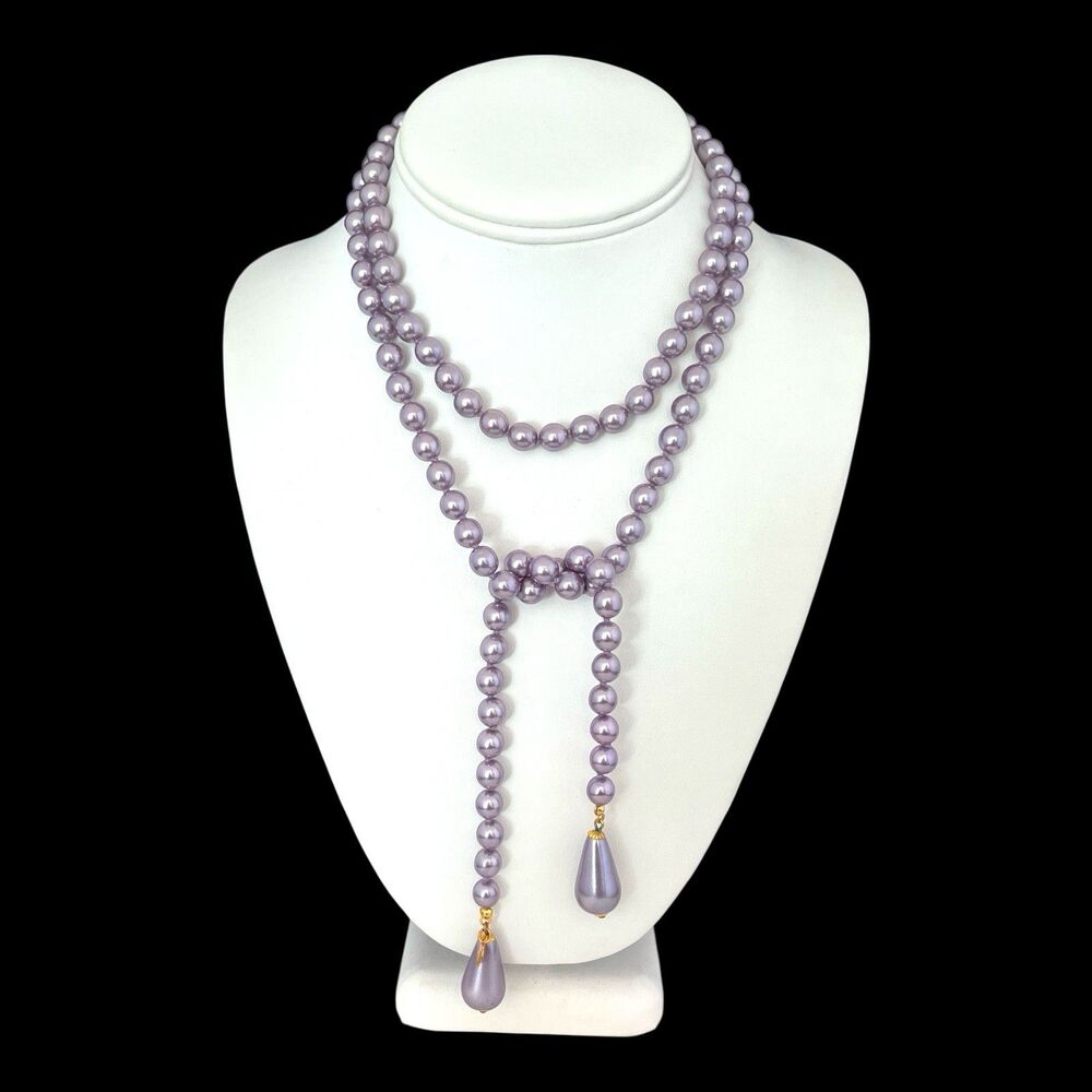 Vintage 1990s Joan Rivers Lariat Necklace Czech Glass Pearl Purple NOS - 7P